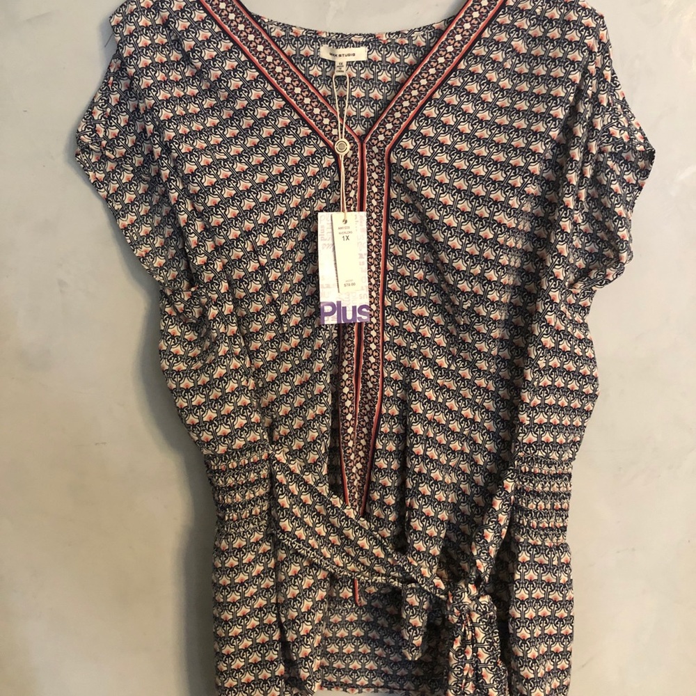 Max Studio, Short Sleeve V-Neck Front Tie Blouse